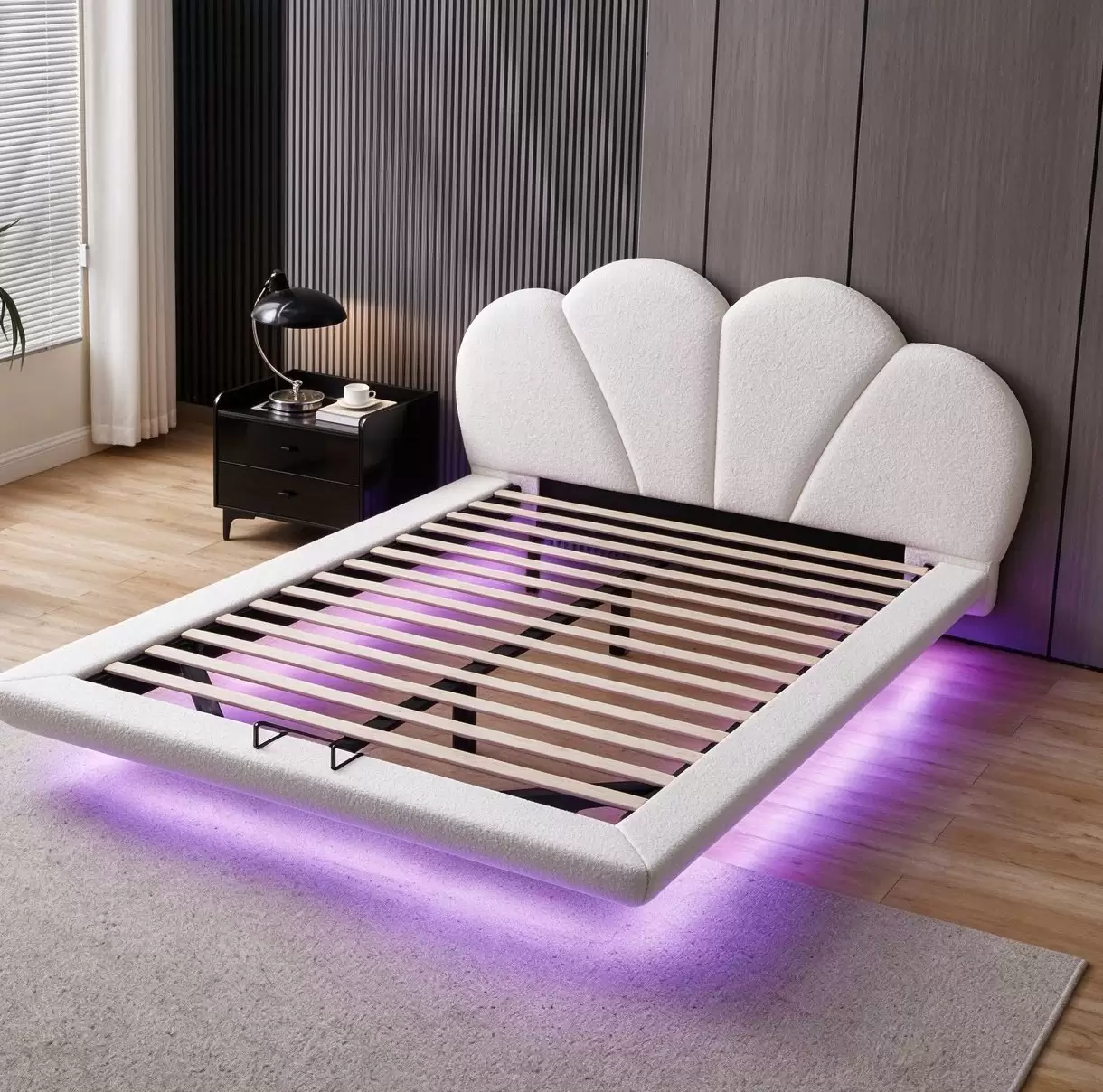 LED Floating Upholstered Queen Bed With Shell Headboard | MSB-615-1