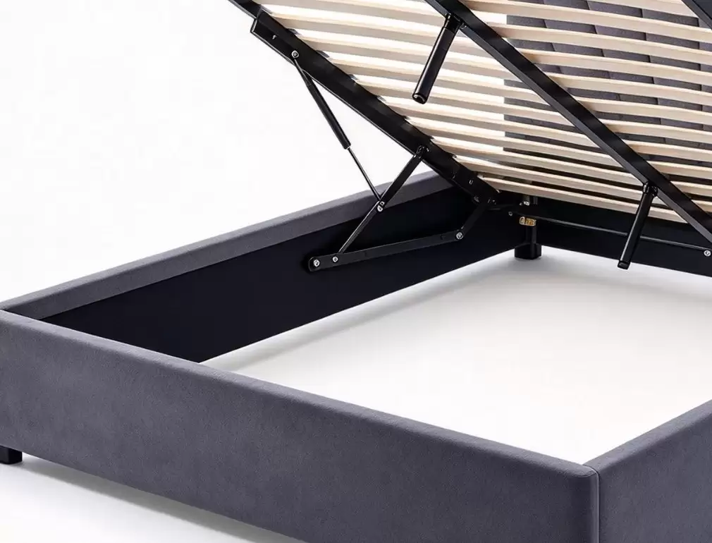 Gas-lift storage compartment and velvet upholstery detail of MSB-615-2 queen bed frame