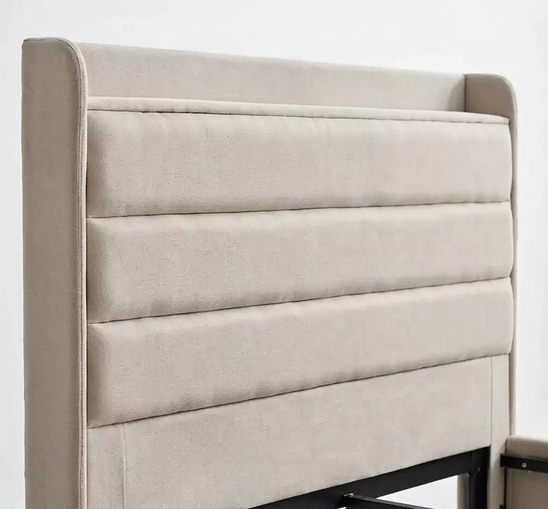 Under bed storage drawer and wood slat platform detail of HM-LB-2595 upholstered bed