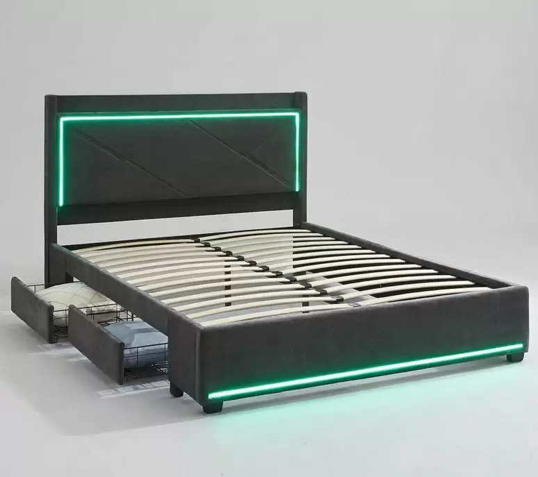 LED Headboard Upholstered Bed With 2 Storage Drawers | HM-LB-2597