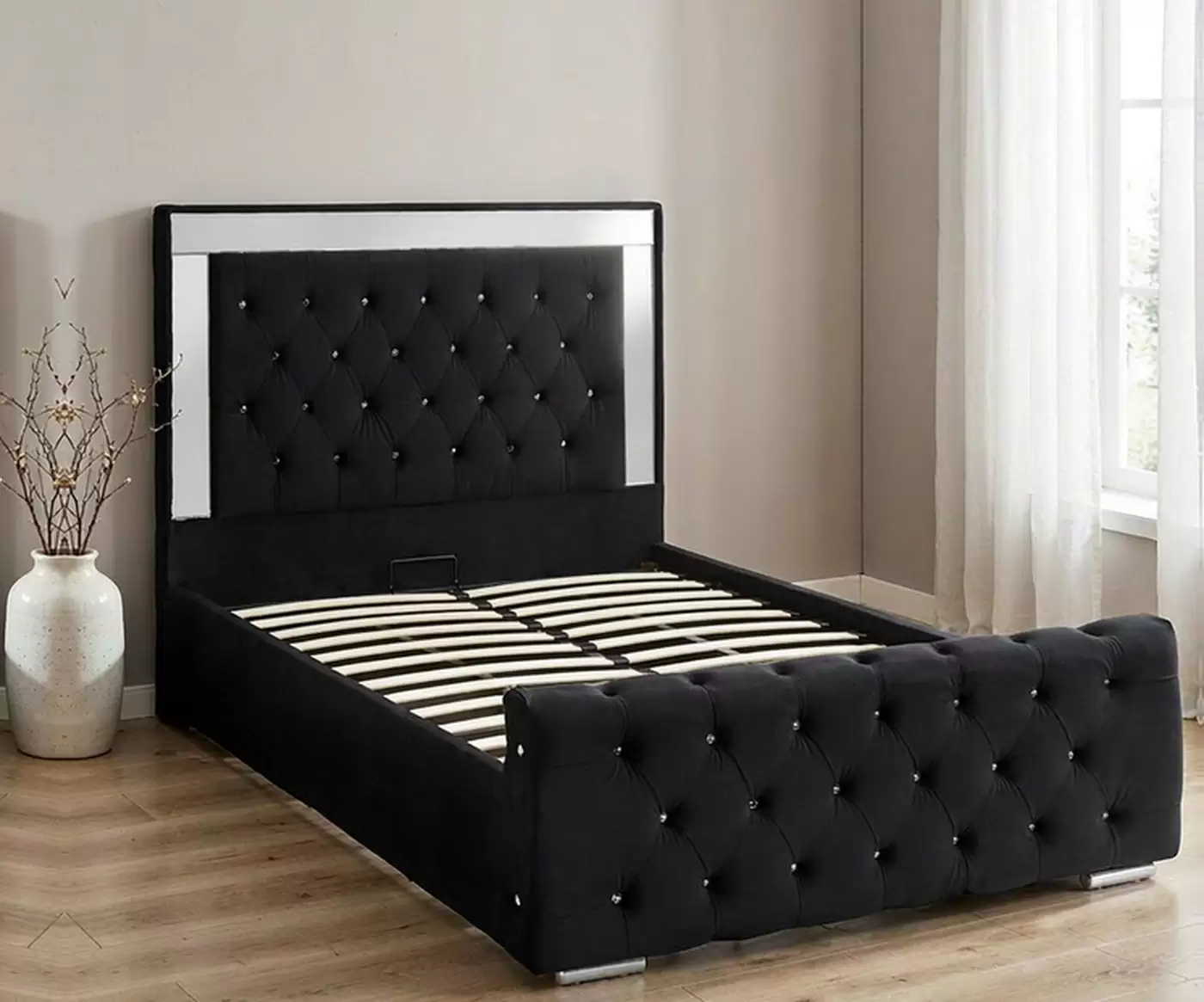 HM-LB-2601 black velvet tufted upholstered bed with mirror trim headboard in a bedroom