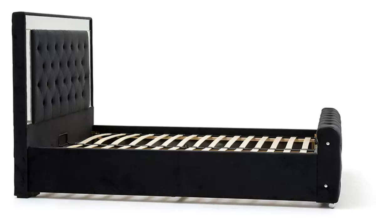Wood slat base and centre steel support rail of HM-LB-2601 upholstered bed frame