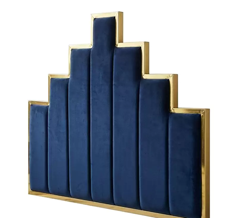 Stepped velvet headboard and gold metal frame detail of HM-LB-2602 upholstered bed