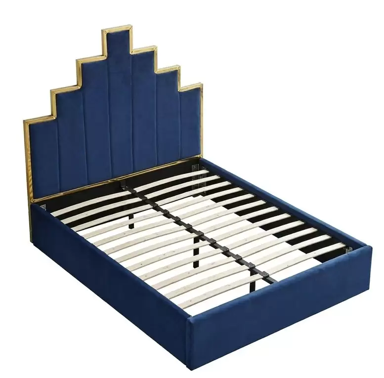 HM-LB-2602 navy velvet Art Deco stepped headboard bed with gold stainless steel frame