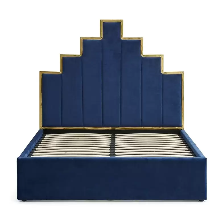 Art Deco Stepped Headboard Velvet Bed With Gold Frame | HM-LB-2602