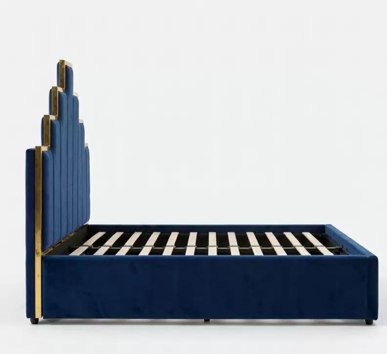 Art Deco Stepped Headboard Velvet Bed With Gold Frame | HM-LB-2602