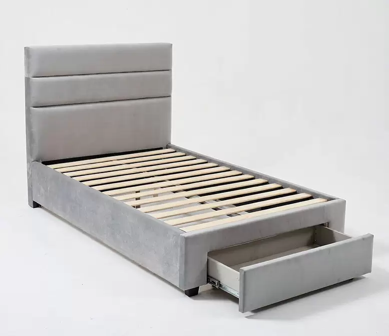 HM-LB-2605 beige channel panel upholstered bed with footboard drawers and matching bedside