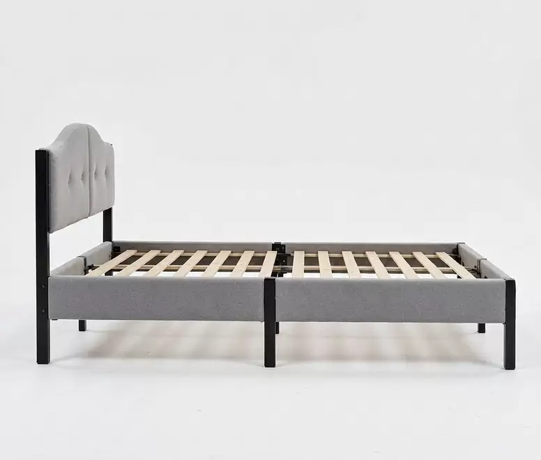 HM-LB-2610S light grey upholstered bed with split two panel headboard and black metal legs
