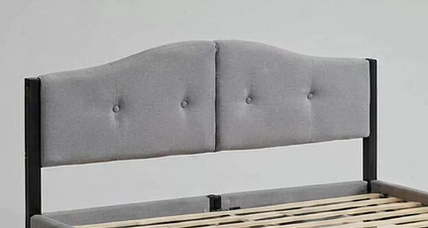 Split headboard panels and black metal leg detail of HM-LB-2610S upholstered bed