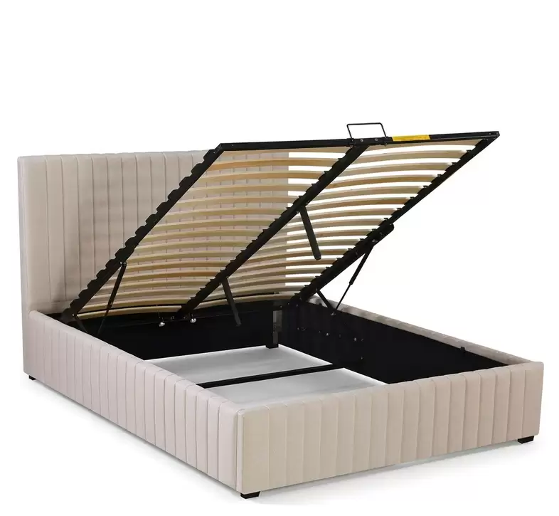 HM-LB-2611 cream boucle gas lift storage upholstered bed with fluted panels in a bedroom